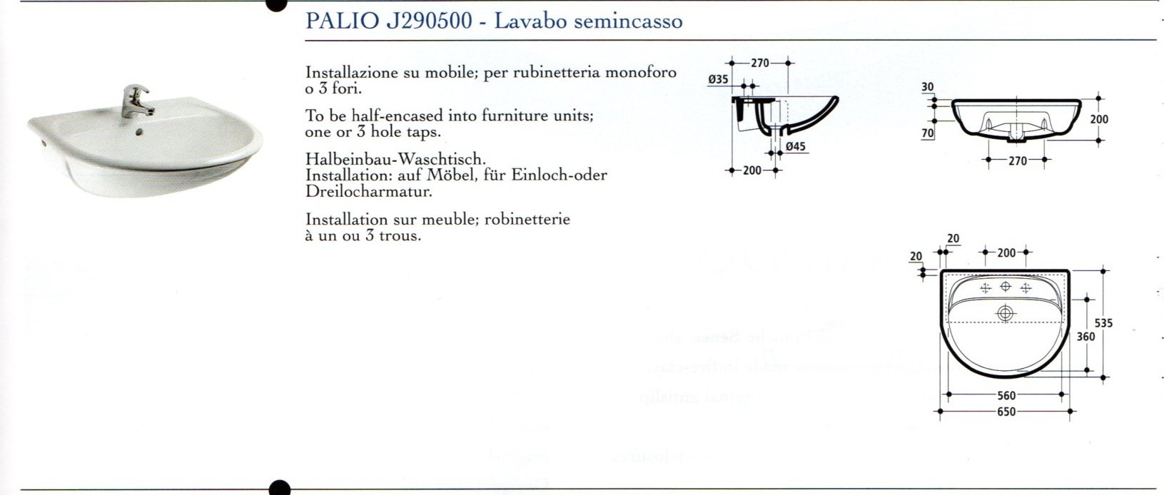 Misure Lavandino Bagno Standard.Ideal Standard Lavabo Semincasso Palio Senesi Da Cm 65 Art J290500 Ceramiche De Paola